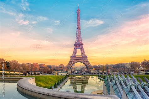 Eiffel Tower At Sunset In Paris France Romantic Travel Background