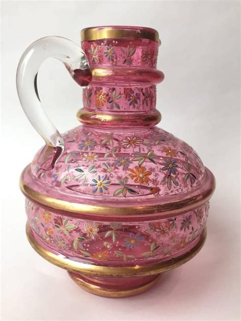 Antique Moser Glass Pitcher Enamel And Gilt Decorated With Flowers Circa 1900 Antique Moser
