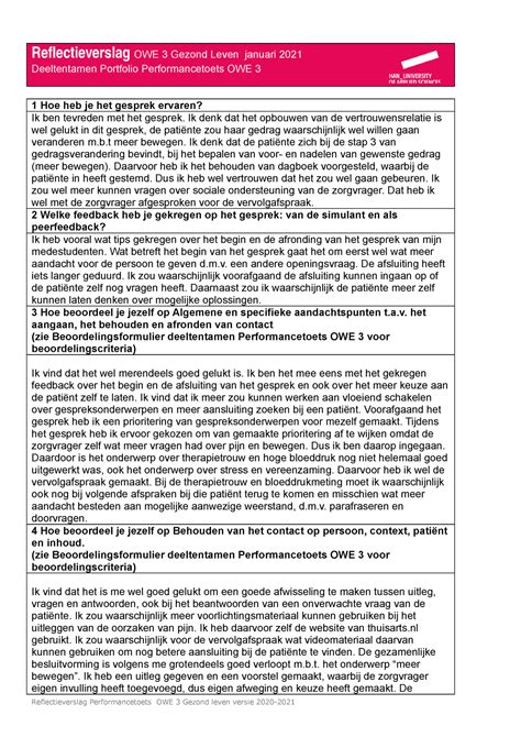 Reflectieverslag Owe3 Pf Verpleegkunde Hogeschool Utrecht Studeersnel