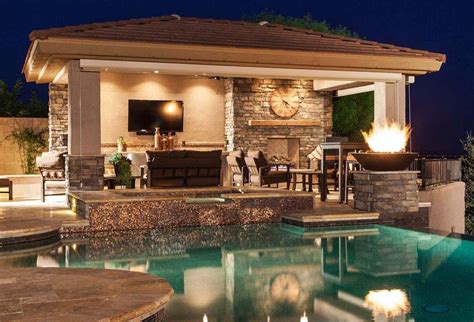 Mediterranean Pool House Design With Stucco And Stone Clay Tile Roofing