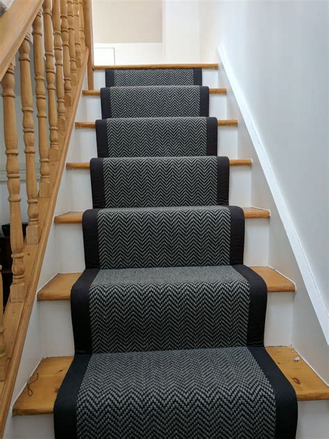 Black And Grey Herringbone Stair Runner With Black Binding By Bandr Carpet