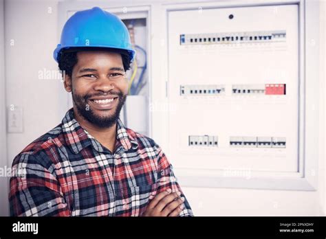 Black Man In Portrait Technician And Electricity Fuse Box Check Power