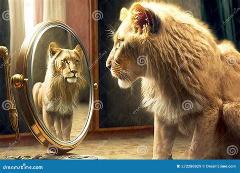 Cat Seeing Himself In Mirror As Wild Lion Stock Image Image Of Wild Predator
