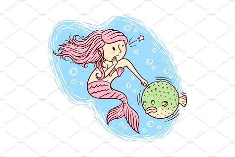 Mermaids And Pufferfish Illustration Animal Illustrations Creative