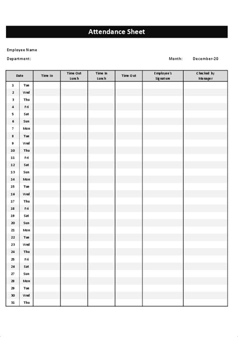Printable Employee Attendance Sheet Template