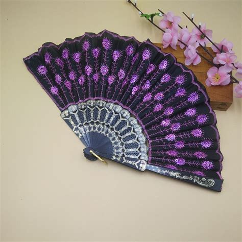 Plastic Rib Embroidered Peacock Folding Flower Fan Lace Sequins Dancing