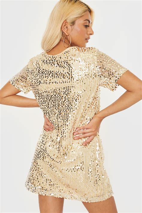 Madeline Gold Sequin T Shirt Dress In The Style