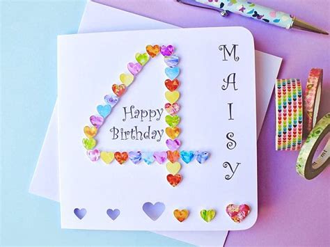 4th Birthday Card Handmade And Personalised Age 4 Card With Name Colourful 4th Birthday Cards For