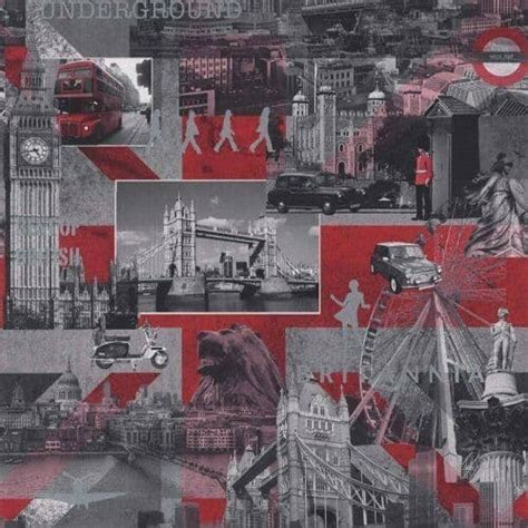 London City Britannia Black White Red Muriva Feature Designer Wallpaper