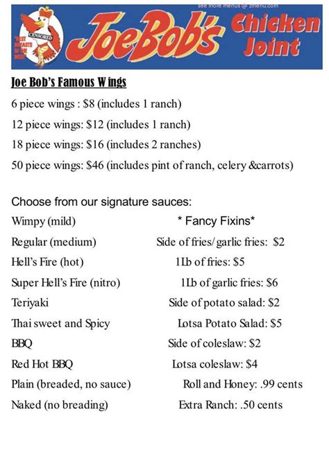 menu at joe bobs chicken joint pub and bar sparks