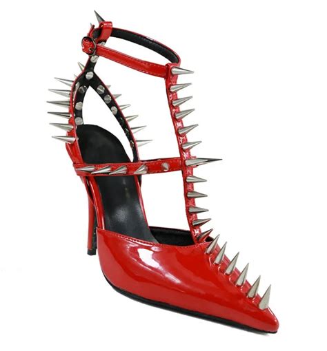 Spring Runway Fashion Week Spikes Rivet High Heels Strange Style Sandals Red T Strap Patent