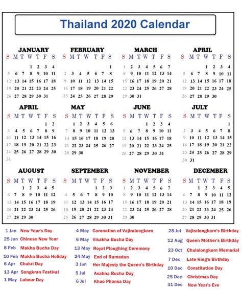 2020 Yearly Calendar With Thailand Holidays Free Printable Templates