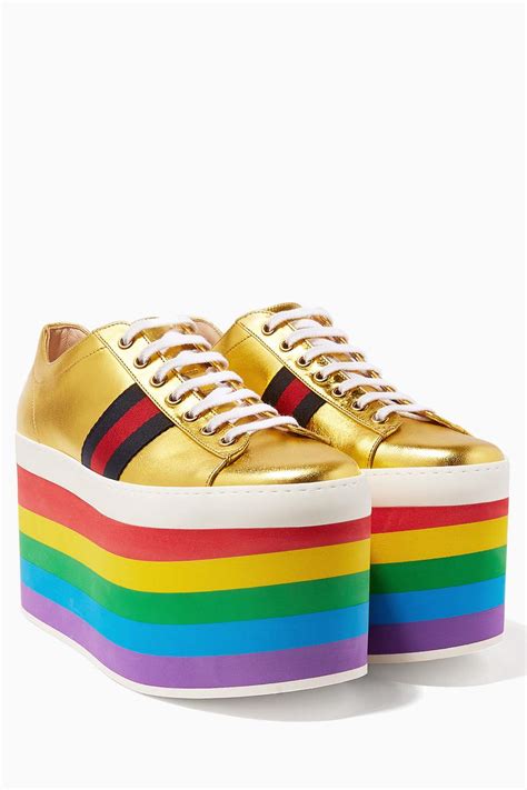 Shop Gucci Multicolour Gold Leather Low Top Platform Sneakers For Women