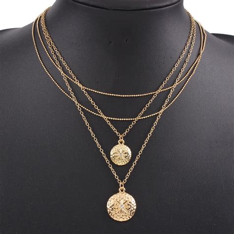 Meidi Retro Gold Round Pendant Necklace For Women Multi Layer Chain