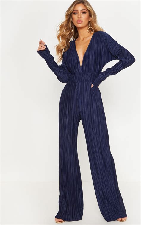 Navy Long Sleeve Pleated Jumpsuit Prettylittlething