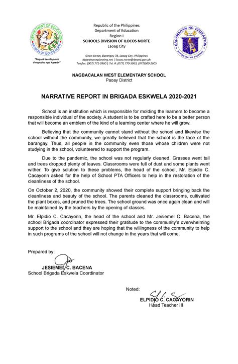 Narrative Report In Brigada Skwela 2019 Nagbacalan West Elementary