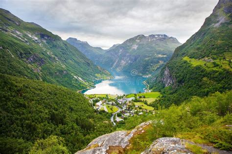 View On Geiranger Village From Flydalsjuvet Viewpoint Norway Stock