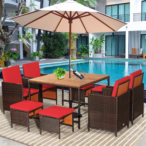 Costway Pcs Patio Rattan Dining Set Cushioned Chairs Ottoman Wood