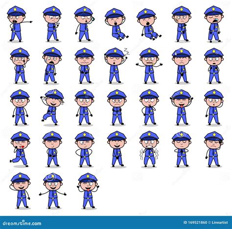 Collection Of Policeman Cop Poses Different Concepts Vector