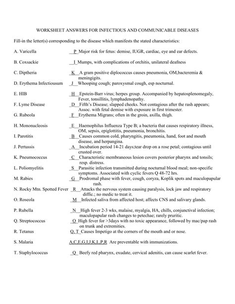 Worksheet For Infectious And Communicable Diseases