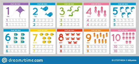 Set Of Number Tracing Flashcards With Cute Sea Animals Learning