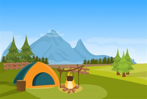 Carpa camping fuego bosque montaña expedición vacaciones concepto
