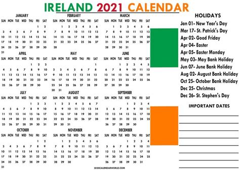 2021 Ireland Calendar With Holidays Printable In 2021 2021 Calendar