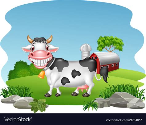 Cartoon Happy Cow With Farm Background Royalty Free Vector