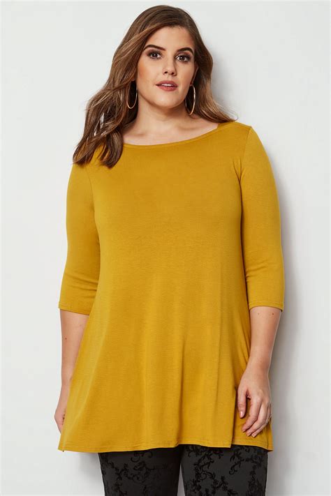Mustard Longline Top With Envelope Neckline Plus Size 16 To 36