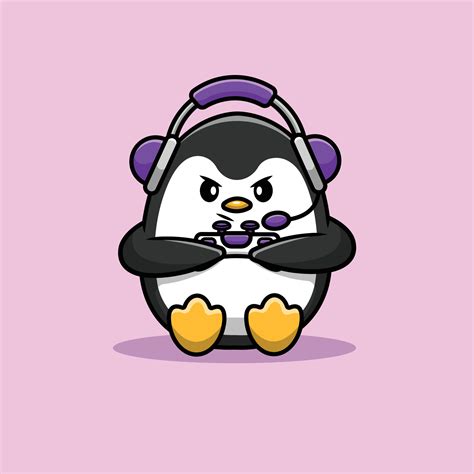 Cute Penguin Gaming Cartoon Vector Icon Illustration Animal Game Icon
