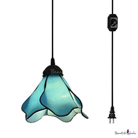 Traditional Flower Ceiling Light 1 Light Blue Glass Hanging Lamp With Plug In Cord For Stair In
