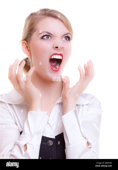 Angry Business Woman Screaming With Mouth Wide Open Trouble In Work
