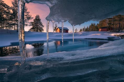 Winter Frozen Lake Ole Henrik Skjelstad Sunset Cabin Ice