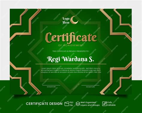 Premium Psd Islamic Certificate Template Green And Gold Certificate