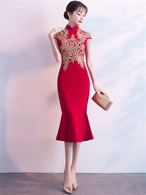 Red Golden Appliques Qipao Cheongsam Dress With Frill Hem Cozyladywear