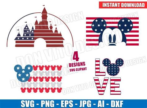Mickey Mouse 4th of July USA (SVG dxf png) Disney Castle Head Ears American Flag Stars Love Cut