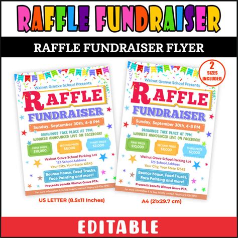 Editable Raffle Fundraiser Flyer School Pto Pta Church Ticket Sales