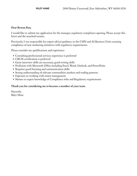 Manager Regulatory Compliance Cover Letter Velvet Jobs