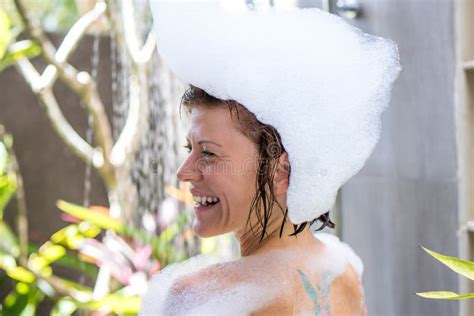 Relaxed Young Naked Woman In Bath With Foam On Her Head Luxury Villa