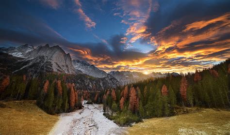 Nature Landscape Fall Forest Sunset Mountain Colorful Sky Clouds Dry Grass Pine Trees