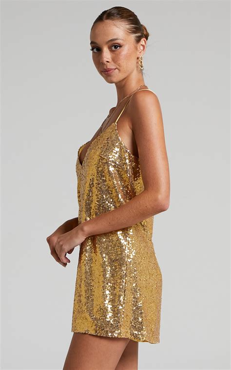 Delilaah Dress Strappy V Neck Slip Sequin Mini Dress In Gold Sequins