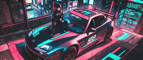2560x1080 Anime Girl And Her Ride In A Cyberpunk Wonderland Wallpaper