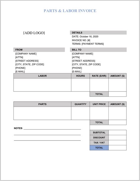 parts  labor invoice template sample geneevarojr