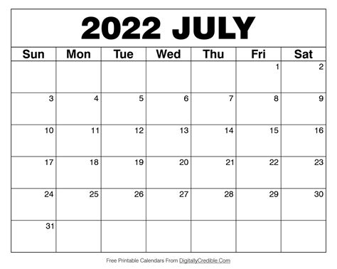 July 2022 Calendar Printable Desk And Wall