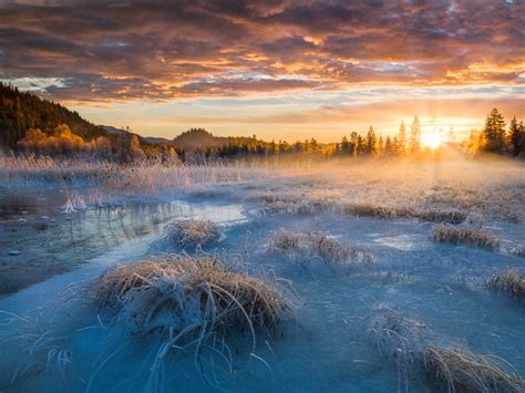 Sunrise Winter Morning In Norway Snow Ice Frozen Lake Sky Clouds Nature
