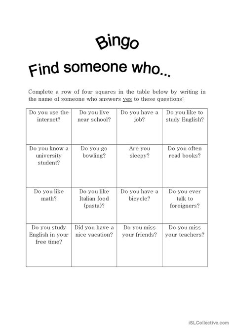 Find Someone Who Bingo Present Sim English Esl Worksheets Pdf And Doc