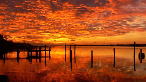 Sunset Port Lake Fire Sky Yellow Red Clouds Reflection Hd Nature
