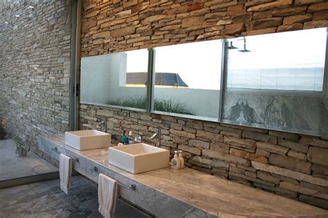Natural Bathroom With Twin Sinks In Stone Interior Design Ideas