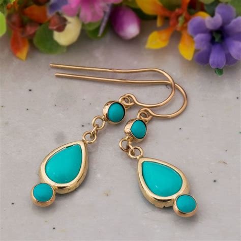 14K SOLID YELLOW GOLD 7X10mm Turquoise Teardrop Earrings HANDMADE EBay