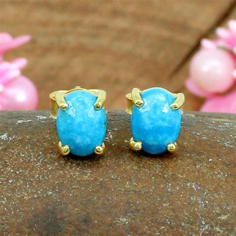 Natural Blue Turquoise Studs Earrings Sterling Silver Etsy